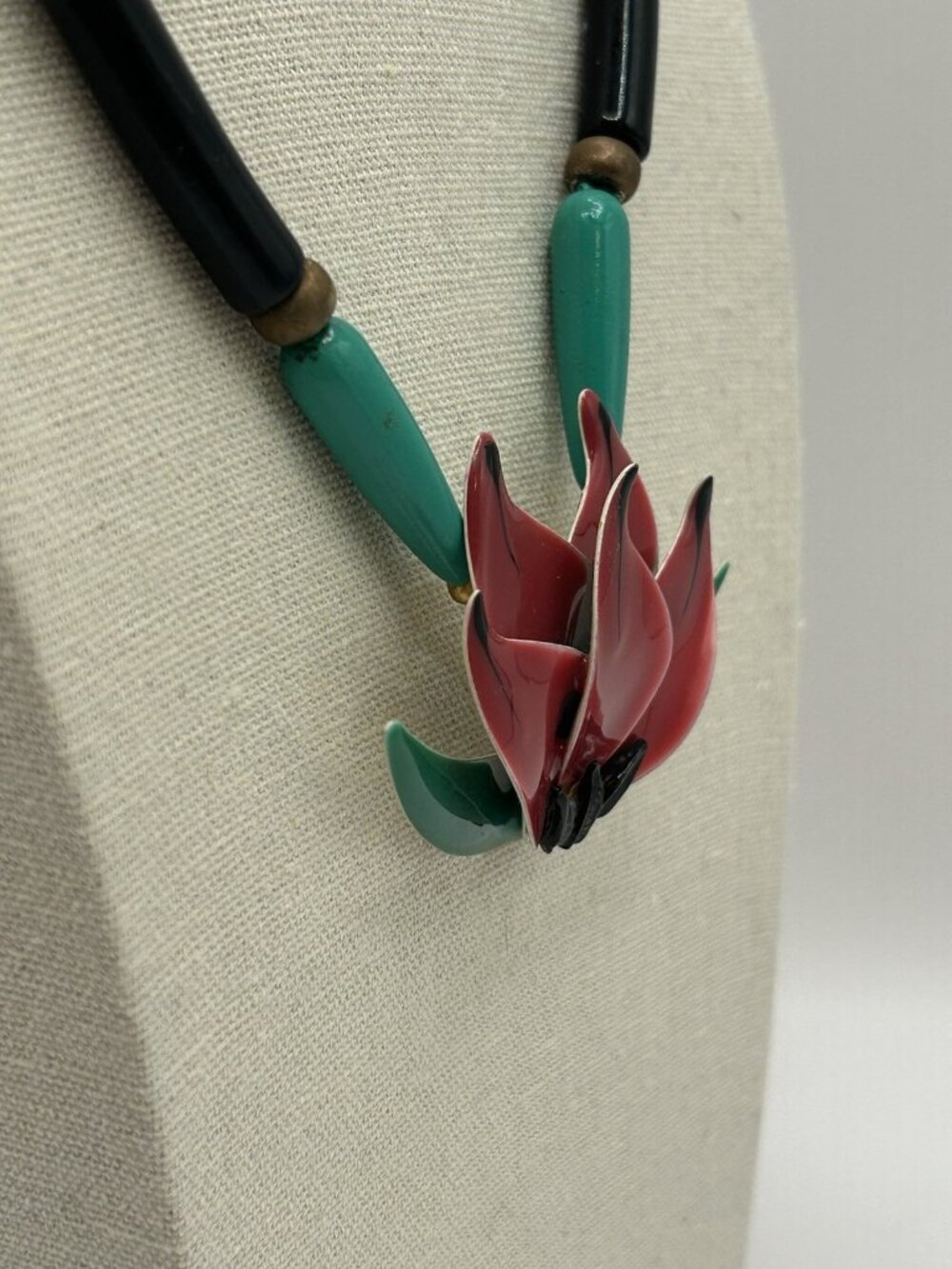 Lotus Flower Necklace Enamel Metal Pendant Tube Beaded Vintage Floral Retro 17” - Picture 13 of 16